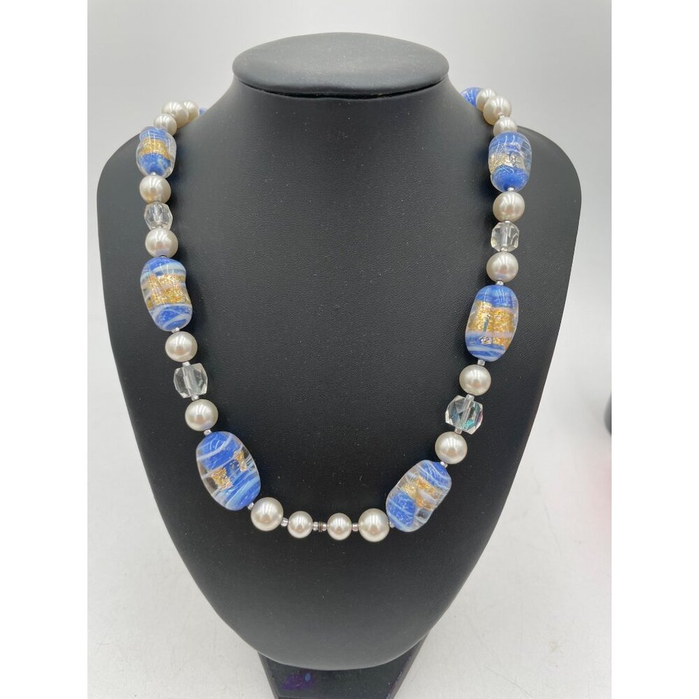 Japan Vintage Glass Bead Necklace Blue Faux Pearl Cut Glass